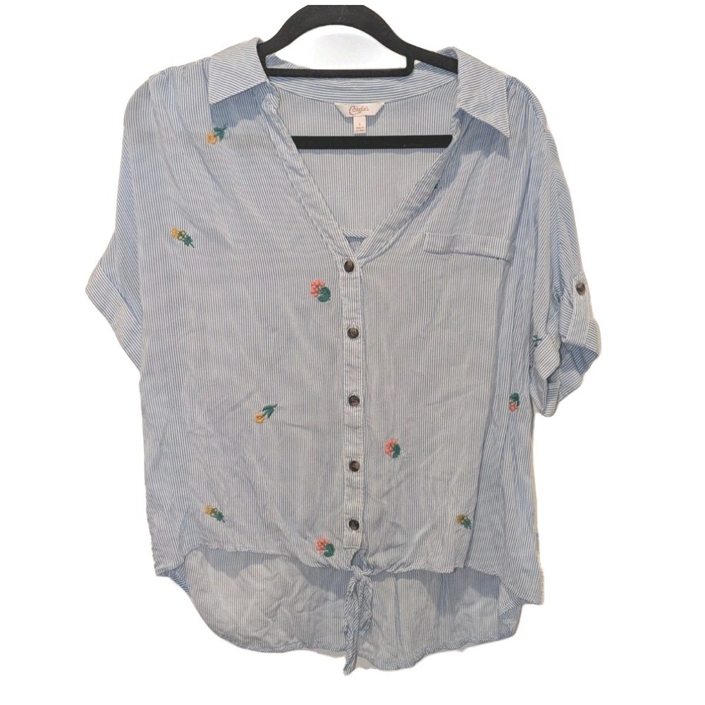 Coastal‎ Cottagecore Retro Pin Up Blue Stripe Rayon Blouse Front Knot Candie's L